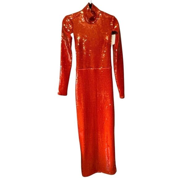 Revolve LaQuan Smith Orange Sequin Mock Neck Long Sleeve Cutout Column Gown L - Picture 5 of 10